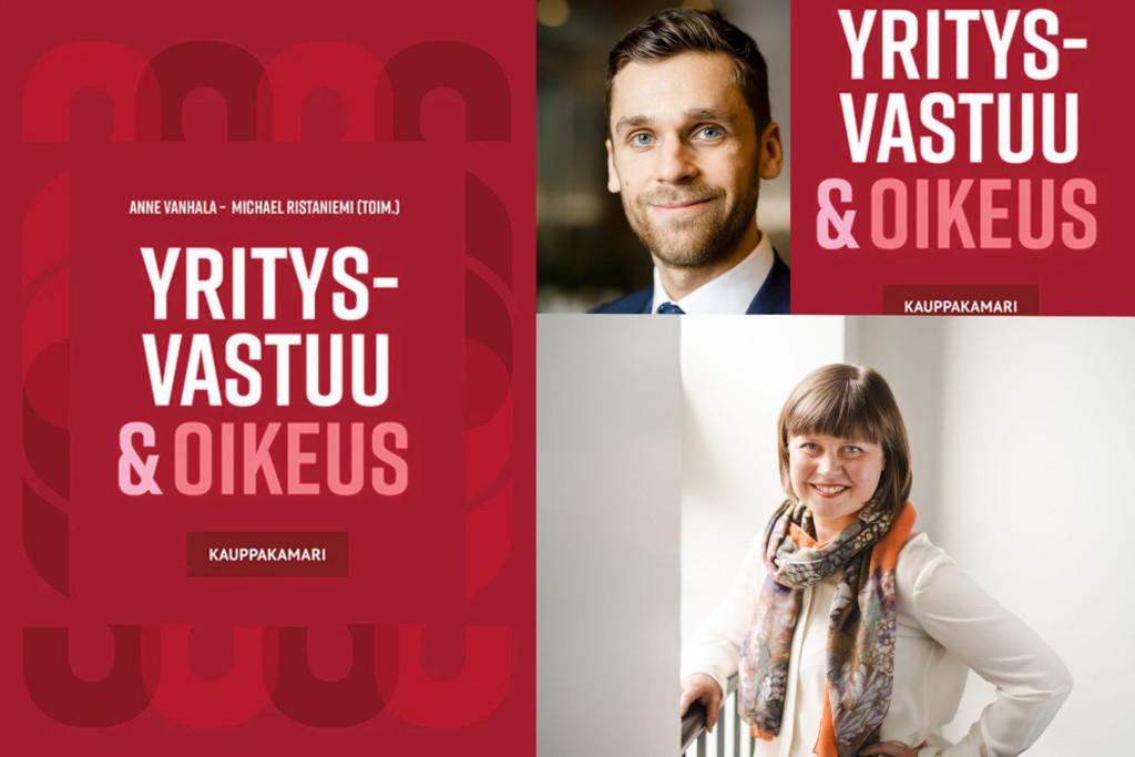 Yritysvastuu ja oikeus -kirjan kansi ja kirjoittajat Anne >Vanhala ja Michael Ristaniemi.