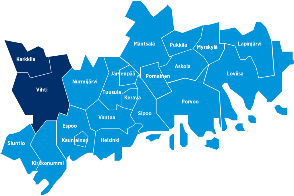 Helsingin seudun kauppakamarin Luoteis-Uudenmaan kauppakamariyksikön kartta.